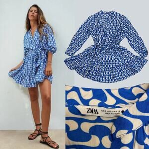 ZARA S Blue & White Swirl Print Wrap Dress | Belted, Long Sleeve, Pleated Hem